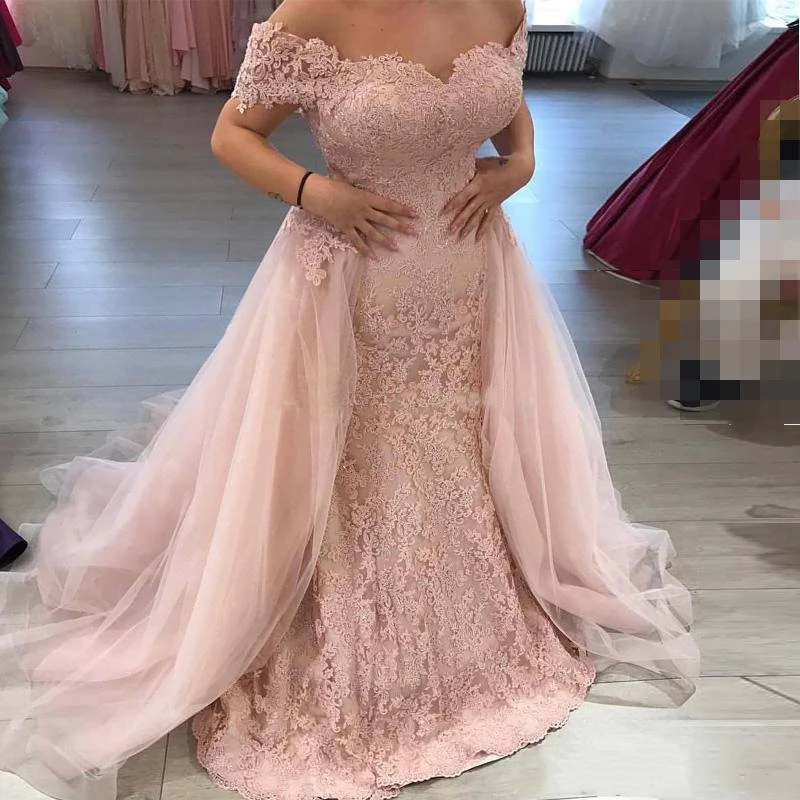 

Applique Lace Mermaid Evening Prom Gowns with Detachable Trail Removable Mother of the Bride Dress Wedding Party Off Shoulder
