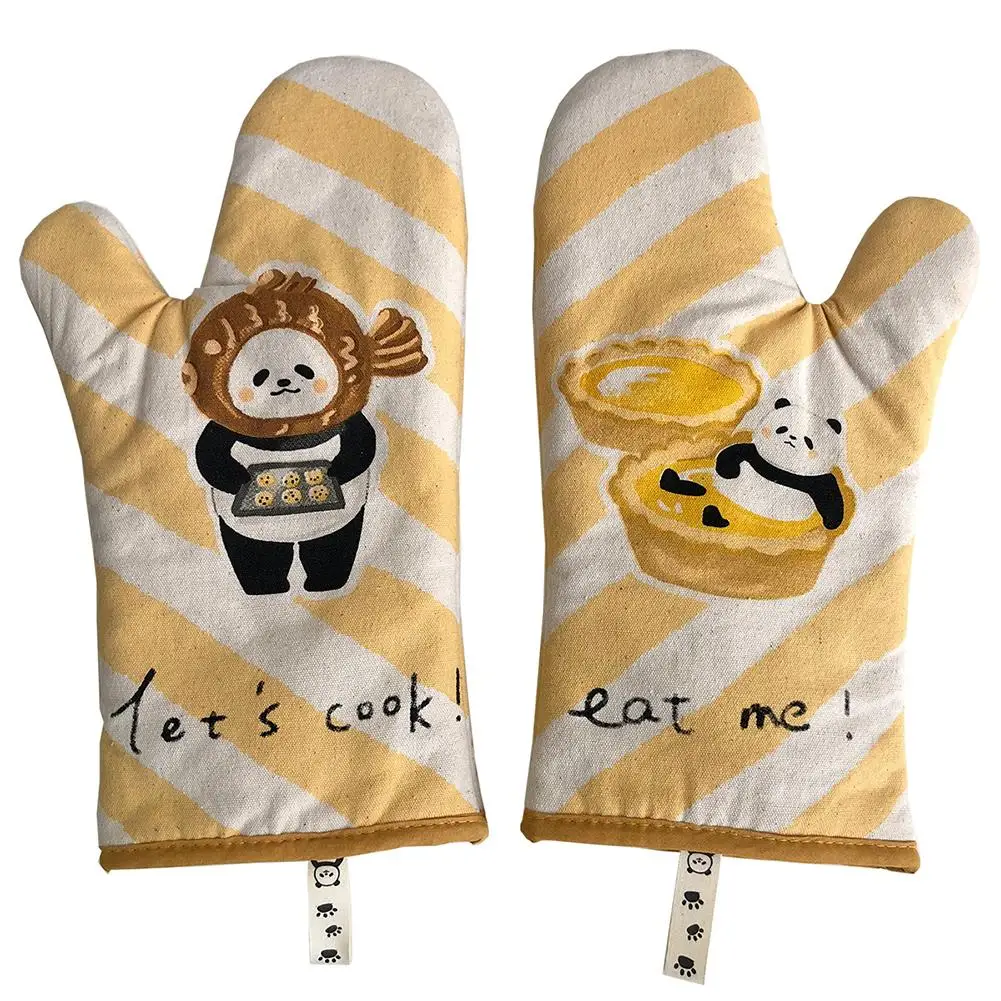 

1 Pair Non-slip Baking Microwave Gloves Bakeware Panda Pattern 100% Cotton Oven Mitts For BBQ Or Kitchen Tools