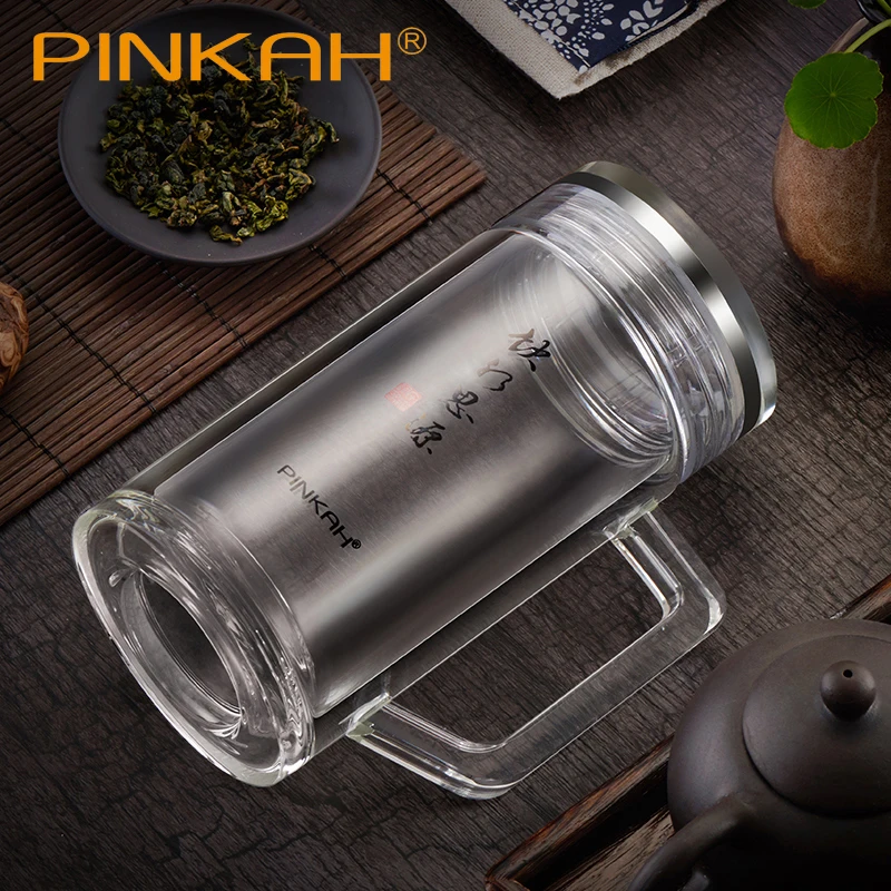 

Pinkah Glass 350ml Water Bottle Double Wall Thicken Glass With Tea Infuser SUS304 Inner Cover Hand-made Glass With Handle