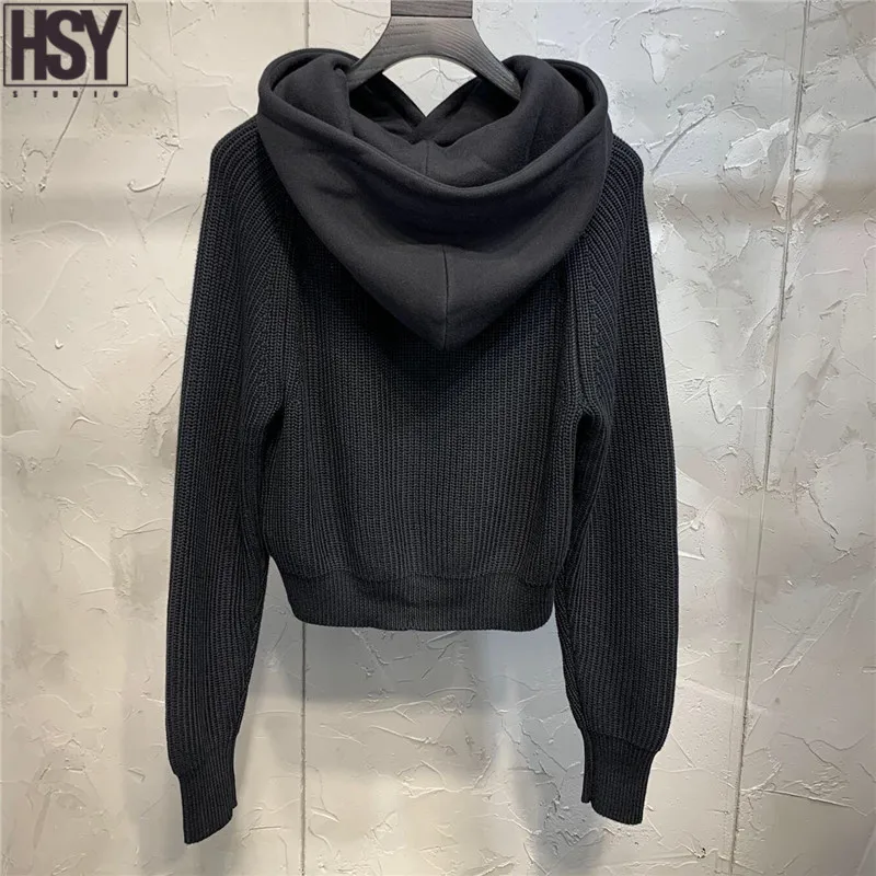 【HSY】2019 New Street-wear Fashion Trend Women Top Casual Easy Match Faded Two Piece Pullover Hooded Sweater Black/Grey |