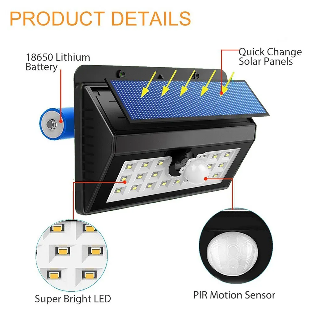 20 светодиодный настенный светильник с ИК-датчиком движения на солнечной энергии