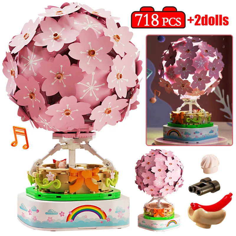 

City Creative Sakura Hot Air Balloon Model Building Blocks Street View Cherry Blossoms Music House MOC Brick Toys for Children