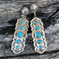 ethnic style antique silver color natural turquoise stone stud earrings engraving geometric pattern for women party jewelry