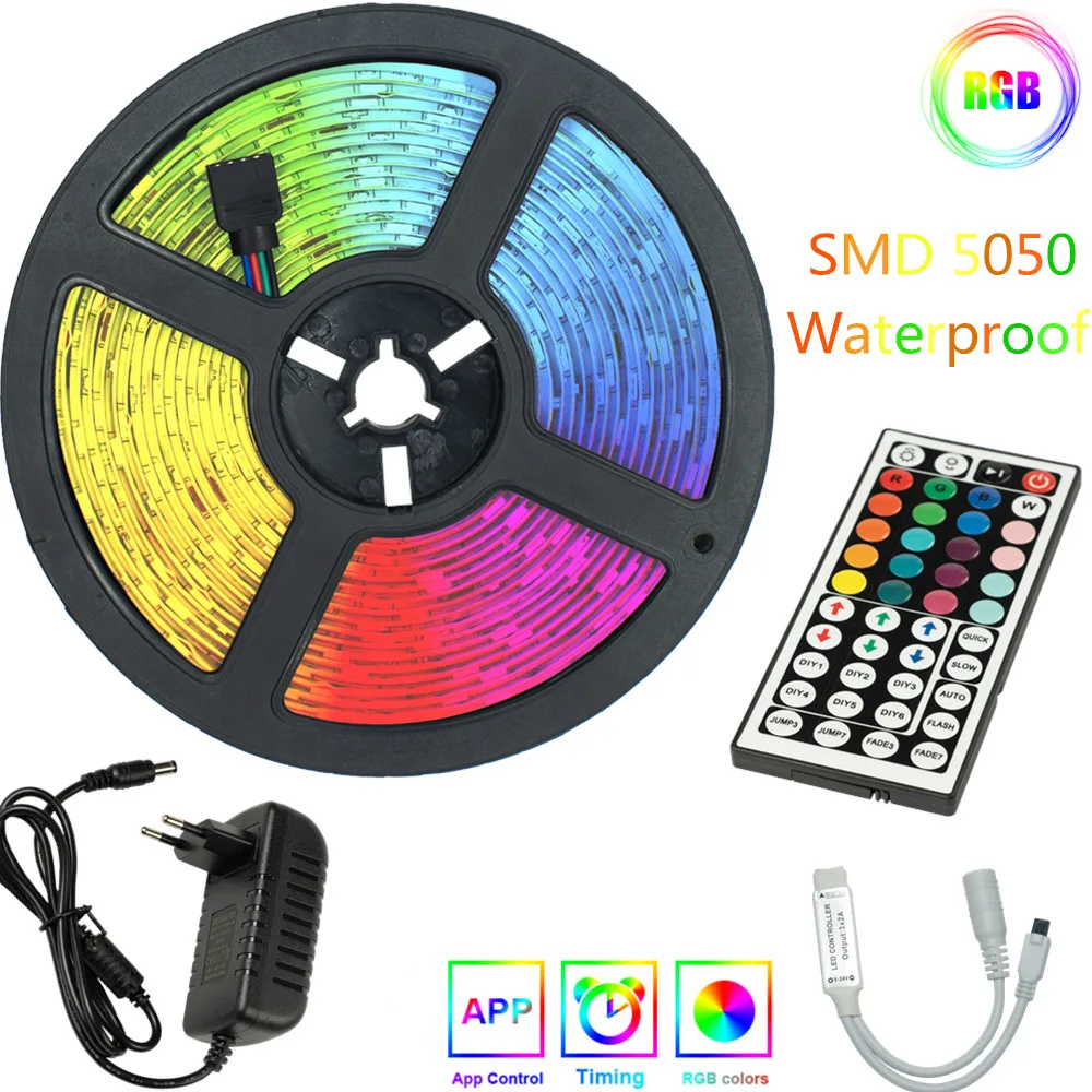 

LED Strips Lights RGB 5050 Waterproof SMD DC 12V 5M 10M15M 20M Decoration String Diode Flexible Ribbon Adapter Plug+IR Contoller