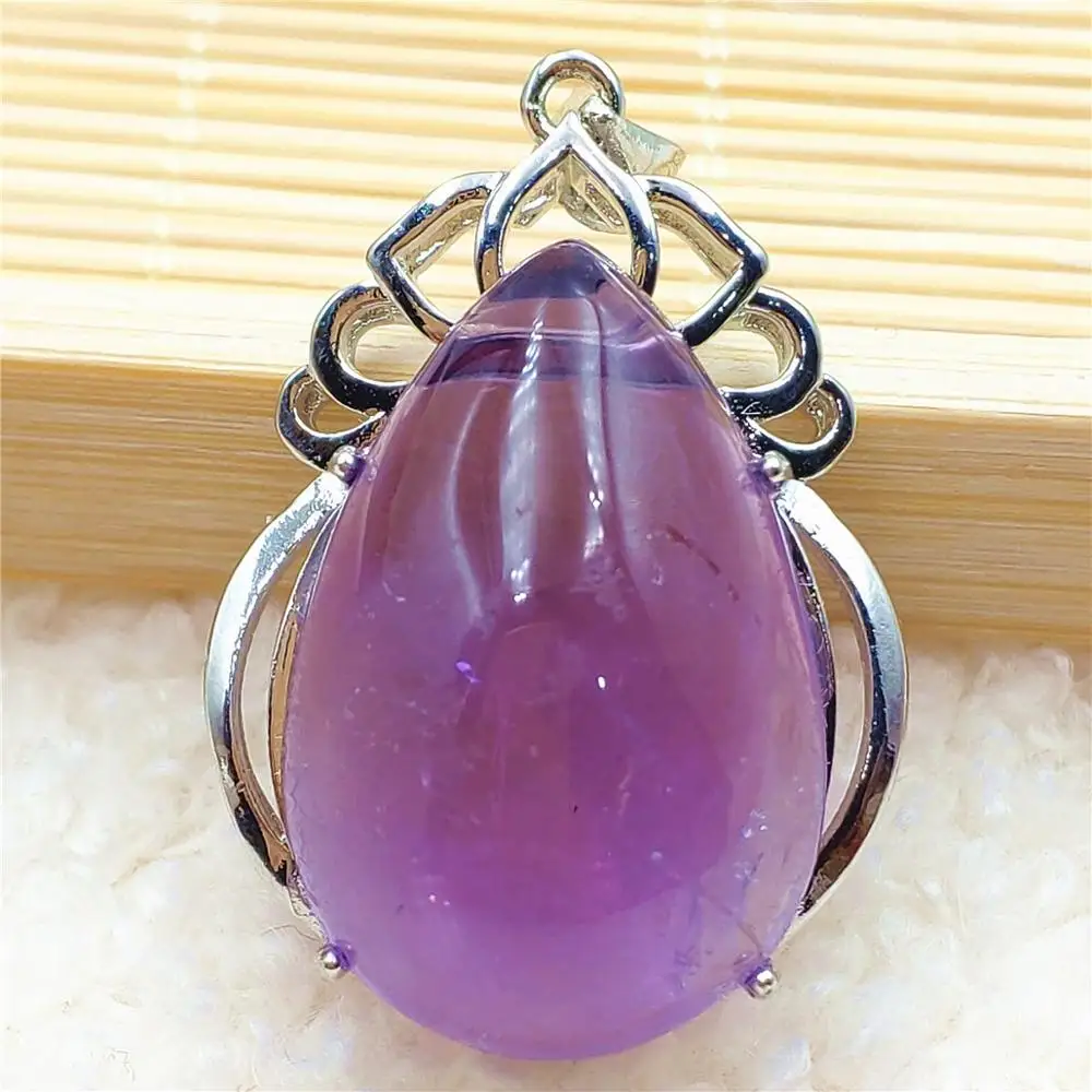 

100% Natural Purple Amethyst Quartz Water Drop Pendant Women Men 31x22mm Amethyst Necklace Brazil 925 Sterling Silver AAAAA