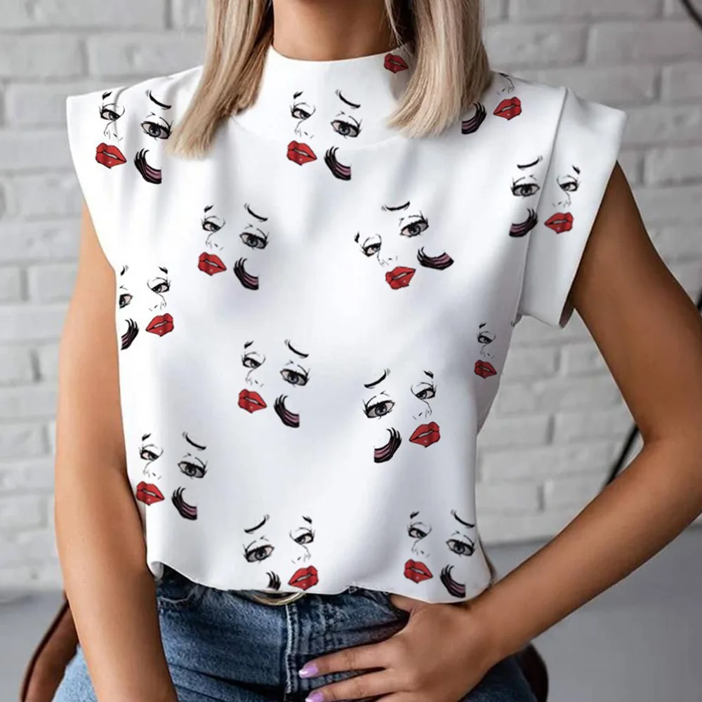 

HEFLASHOR 2021 New Printed Women Sleeveless Top White Loose Tank Top Sexy Short Sleeve Women Beach Shirt O-Neck Women T-Shirt