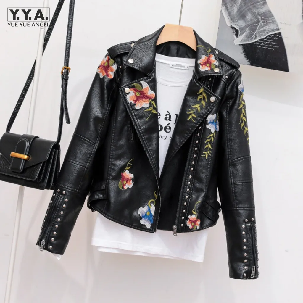 Rivet Embroidery Flowers Pu Leather Jacket Women Zipper Turn-Down Collar Motorcycle Biker Short Coat Fashion Outerwear Female