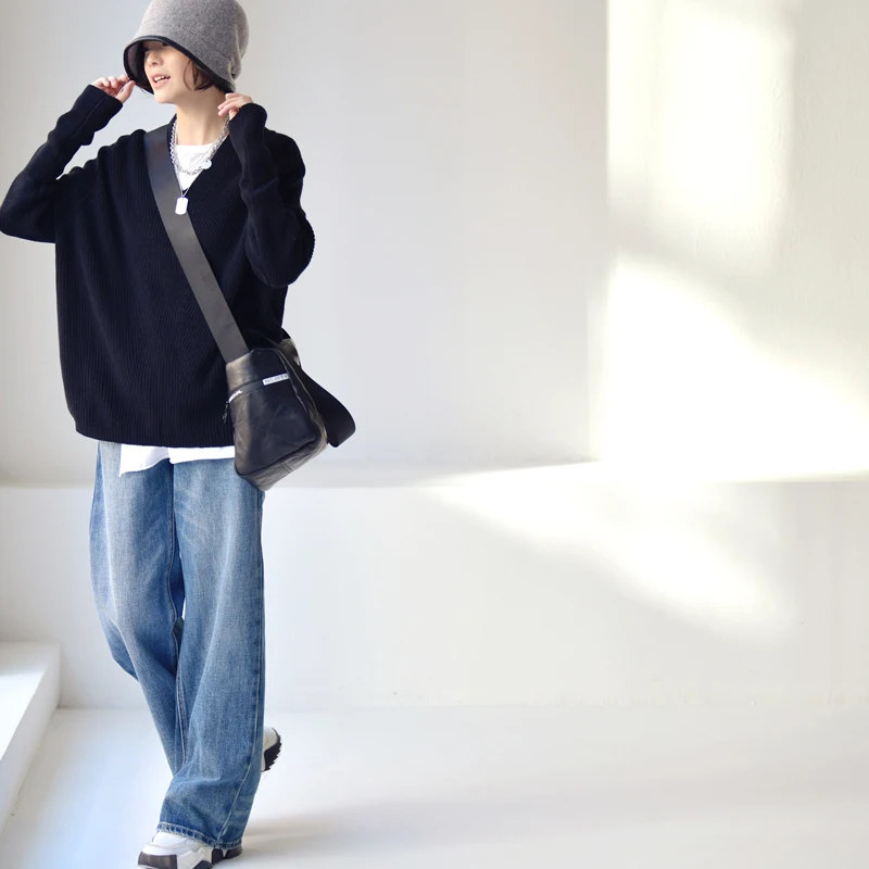 Свитер женский осенне-зимний из чистого хлопка с V-образным вырезом и рукавами