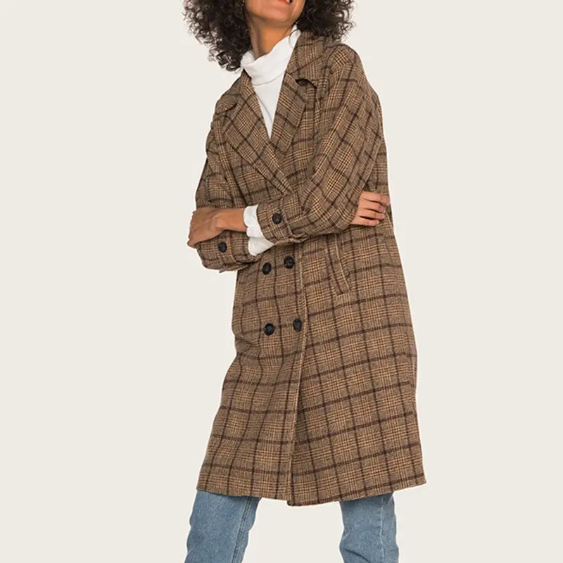 Женское Трендовое пальто винтажное длинное в клетку стиле ретро двубортное с
