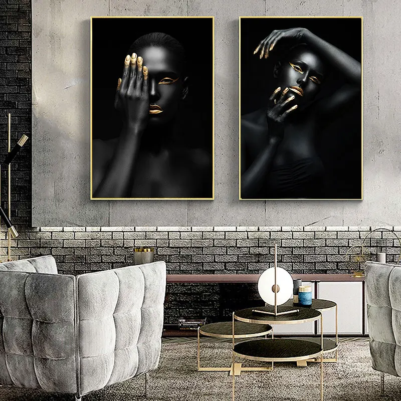 

African Black Women whith Golden Lips Holding Alarm Clock Canvas Painting Oil Wall Picture Poster Modern Art Decoration Home
