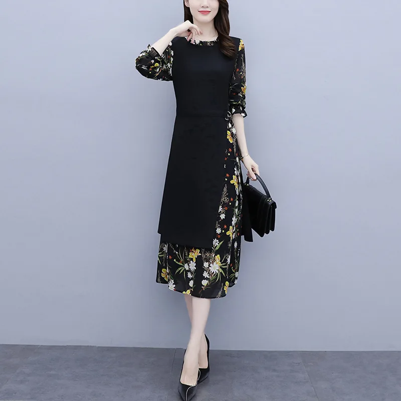 

Spring dress large-size long-sleeved chiffon stitched dress waist show thin temperament shredded flower dress in the long tide