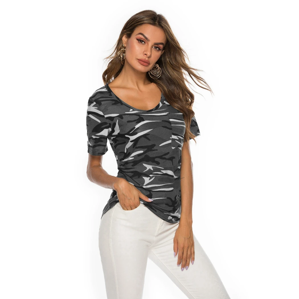 2019 Повседневная летняя камуфляжная футболка стильная с круглым вырезом женская