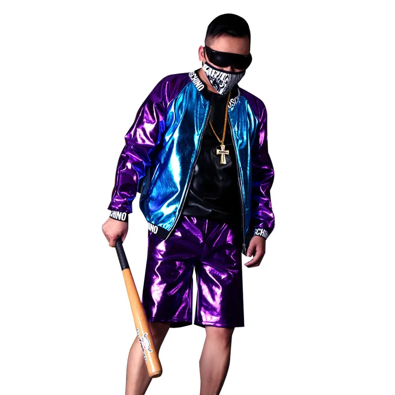 Костюм мужской из искусственной кожи куртка в стиле хип хоп синего и фиолетового