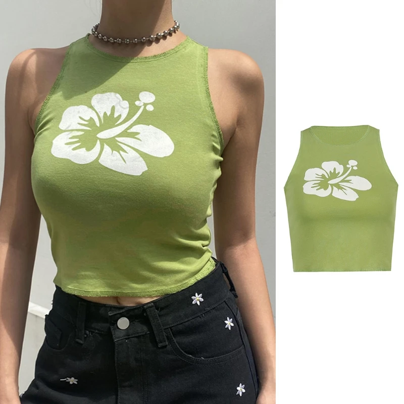 

Women Summer Sleeveless O-Neck Crop Top Harajuku Aesthetic Floral Print Basic Slim Vest Gothic Punk Bodycon Streetwear