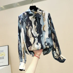 Женская шифоновая рубашка с леопардовым принтом, свободная блузка контрастных цветов с длинным рукавом, весна-осень 2021