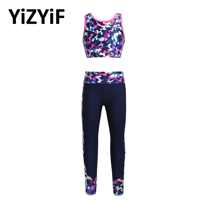Kids Girls Sportswear Set Dance Exercise Fitness Athleticwear Outfit Digital Print Sleeveless Mesh Tanks Crop Top With Leggings