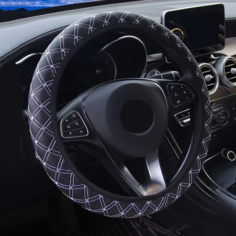 

1pcs Steering Wheel Cover 38cm Black and white Decor Non-Slip PU Leather