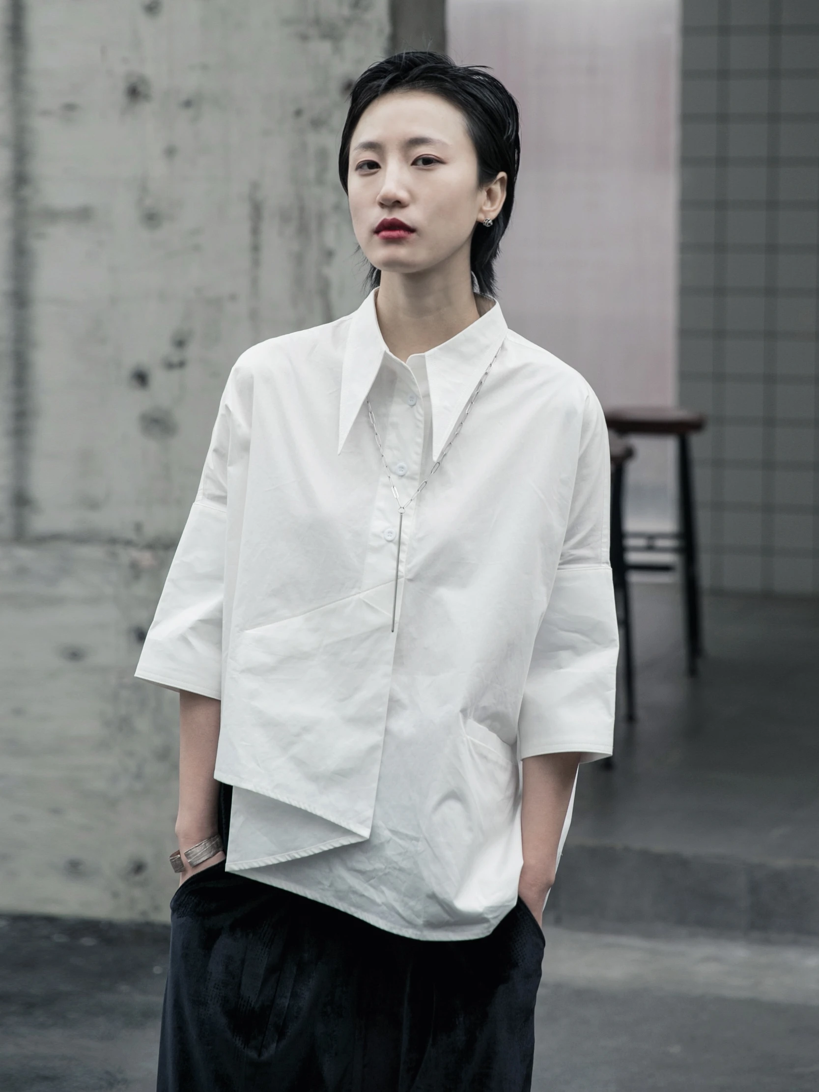 

SuperAen 2021 Spring Summer Solid Simple New Design Irregular Three Quarter Shirt Blouse Women