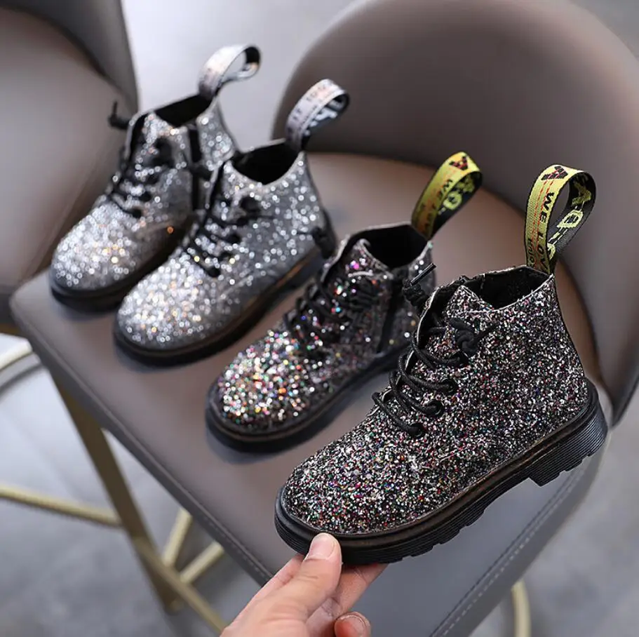 Enlarge 2022 New Girls Short Fashion Boots Leather Bling Kids Martin Boots Rubber Comfortable Children's Snow Boots Sneakers
