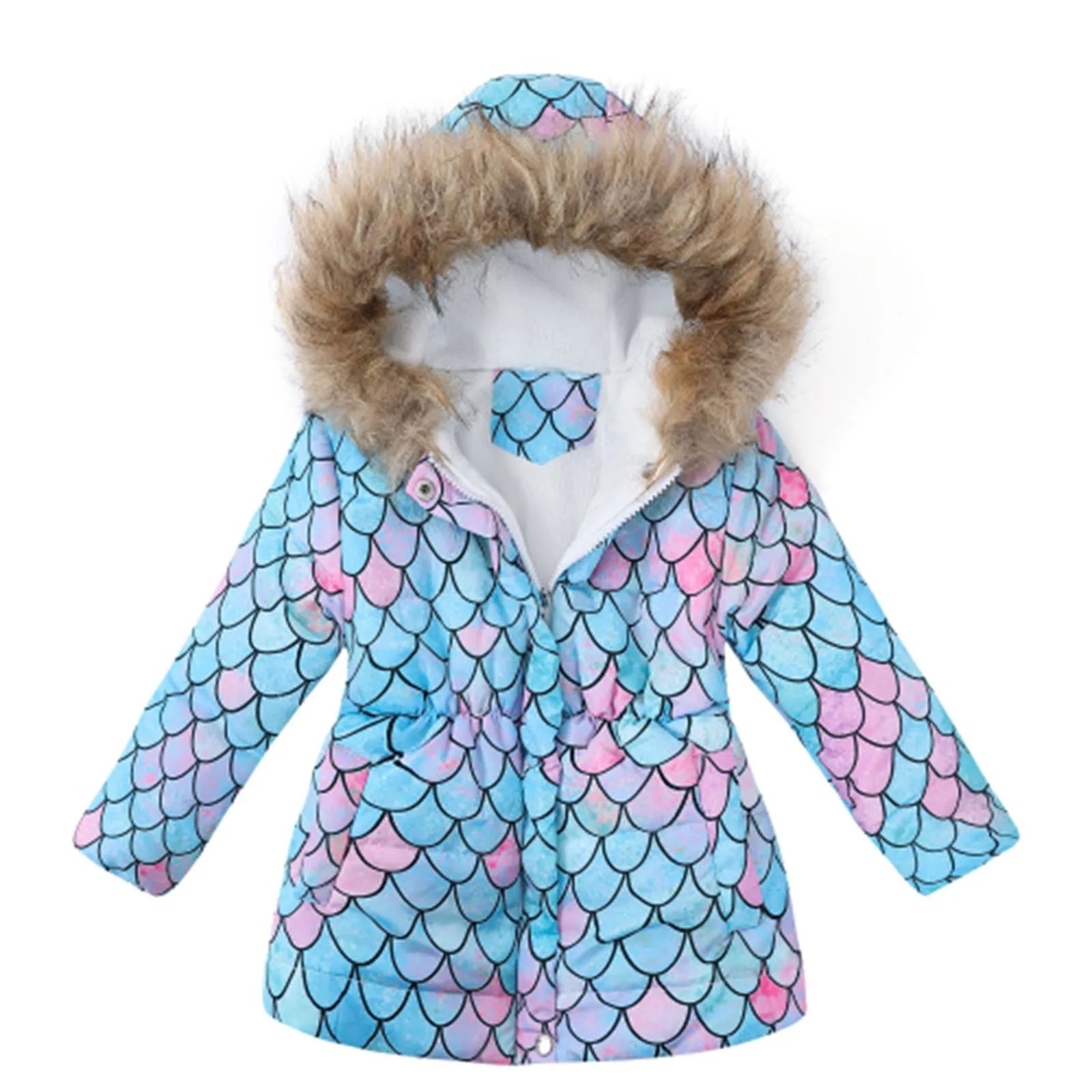 

Новая ветрозащитная пуховая хлопковая куртка для девушек в стиле Tie-dye, толстый воротник из искусственного меха с капюшоном для принцессы, з...