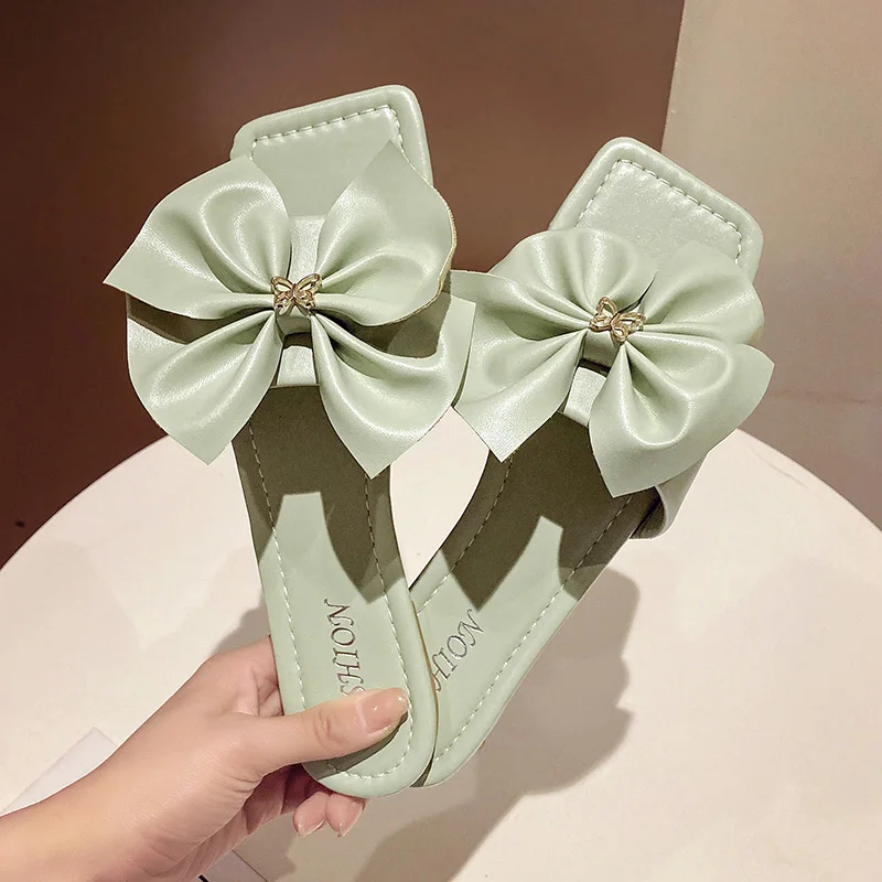 

Summer Ladies Flat Slippers Indoor Non-slip Oversized Bow Decoration Leather Outdoor Slippers Ladies Open Toe Beach Shoe