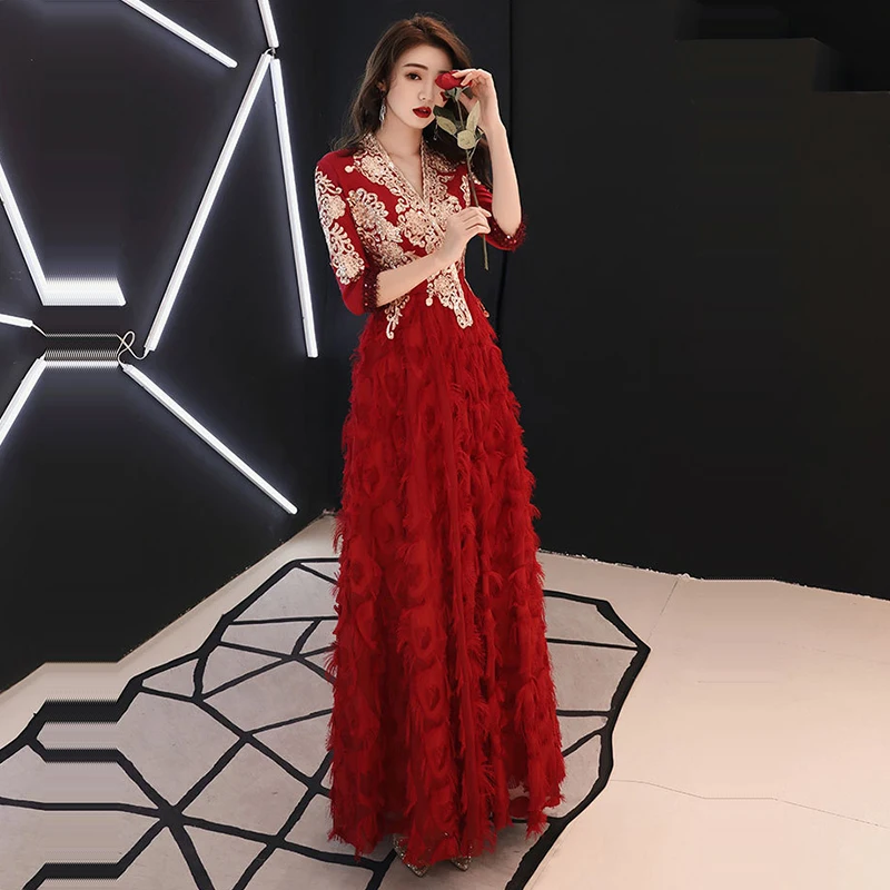 Женское вечернее платье с V образным вырезом бордовое длинное ТРАПЕЦИЕВИДНОЕ