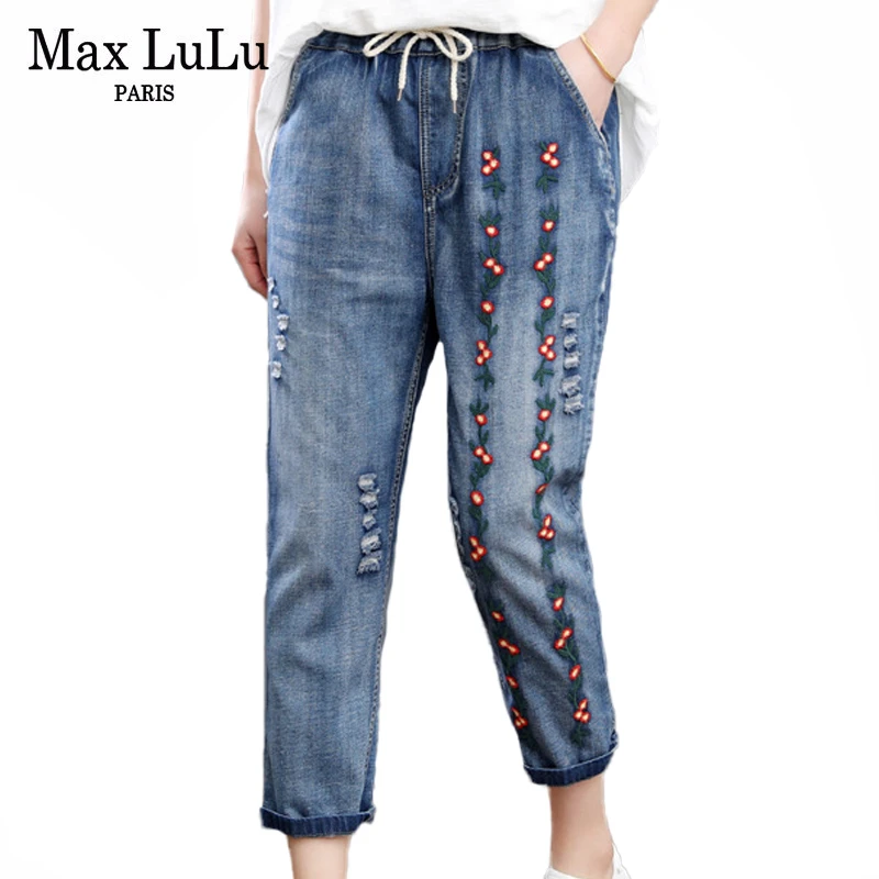 

Брюки-султанки Max LuLu женские с вышивкой, Модные свободные эластичные джинсы с цветочным принтом, повседневные рваные джинсовые штаны, XXXL, ле...
