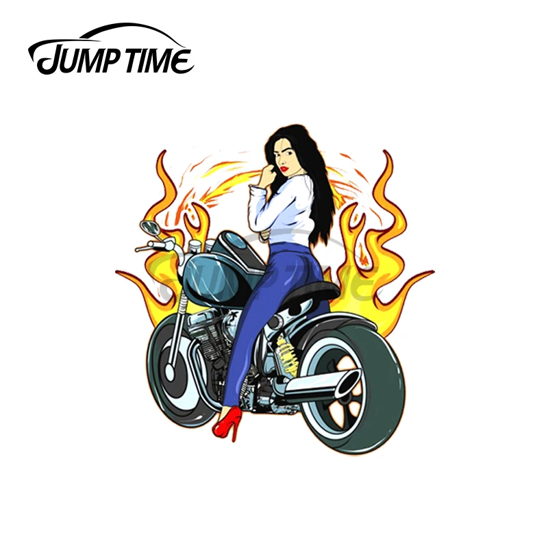 Наклейка на автомобиль "Jump Time" 13 х 11,2 см для крутой байкерши с горящим мотоциклом, наклейка DIY, водонепроницаемая, с защитой от царапин на ATV.