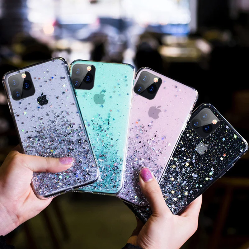 glitter foil powder case for iphone 11 pro xs max xr x bling phone case for iphone 11 8 7 6 6s plus soft tpu clear cover free global shipping