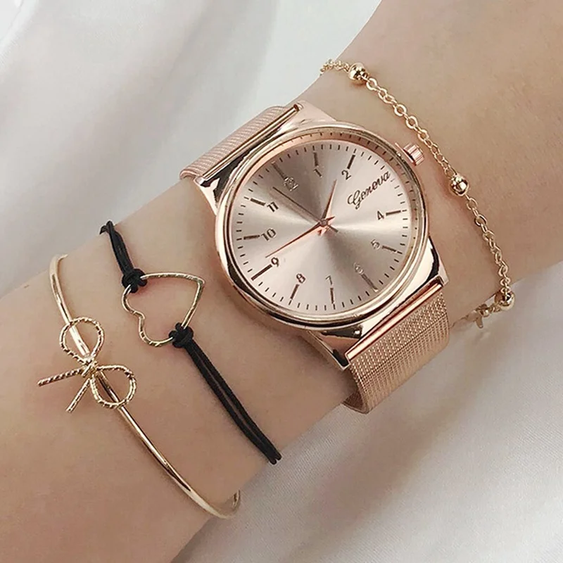 

4PCS Women Watches Luxury Wrist watch relogio feminino Clock for Women Milanese Steel Lady Rose Gold Quartz Ladies Watch New