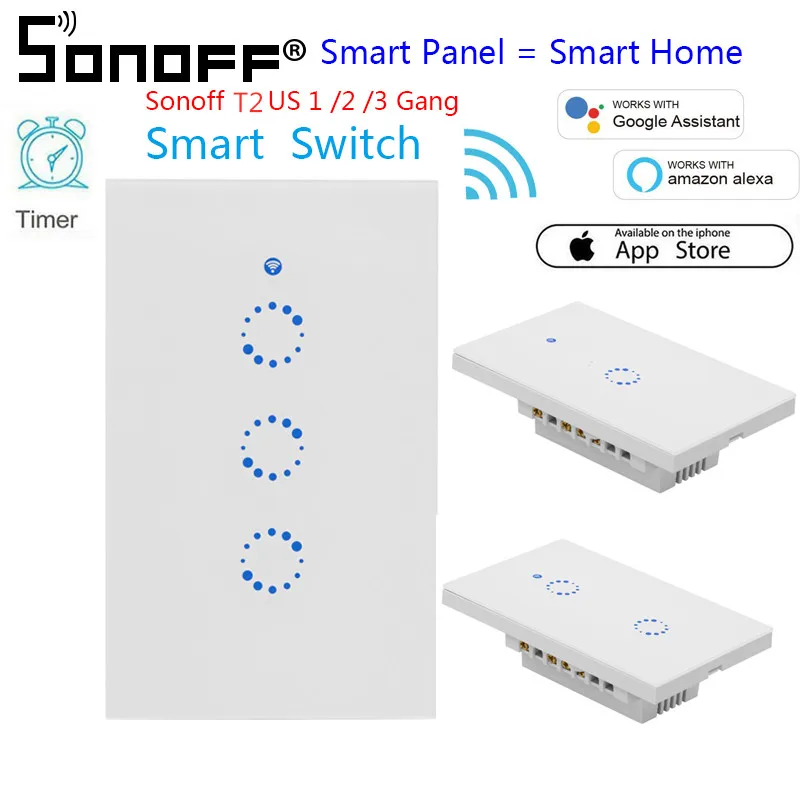 

SONOFF T2 Touch Smart Light Switch Panel Wall Interruptor 1/2/3 Gang Wifi Light Switch US/EU/UK Plug Work With Alexa Google Home
