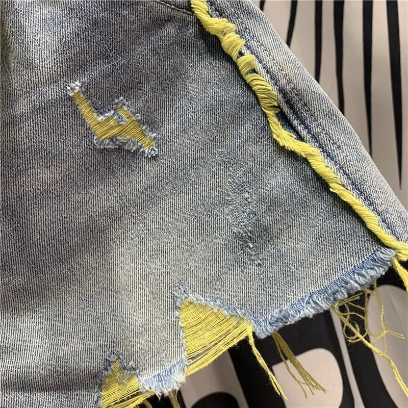 

Summer New Women Hole Ripped Jeans Hot Shorts Vintage High Waist Tassel Denim Beach Shorts Casual Streetwear Wide Leg Pants