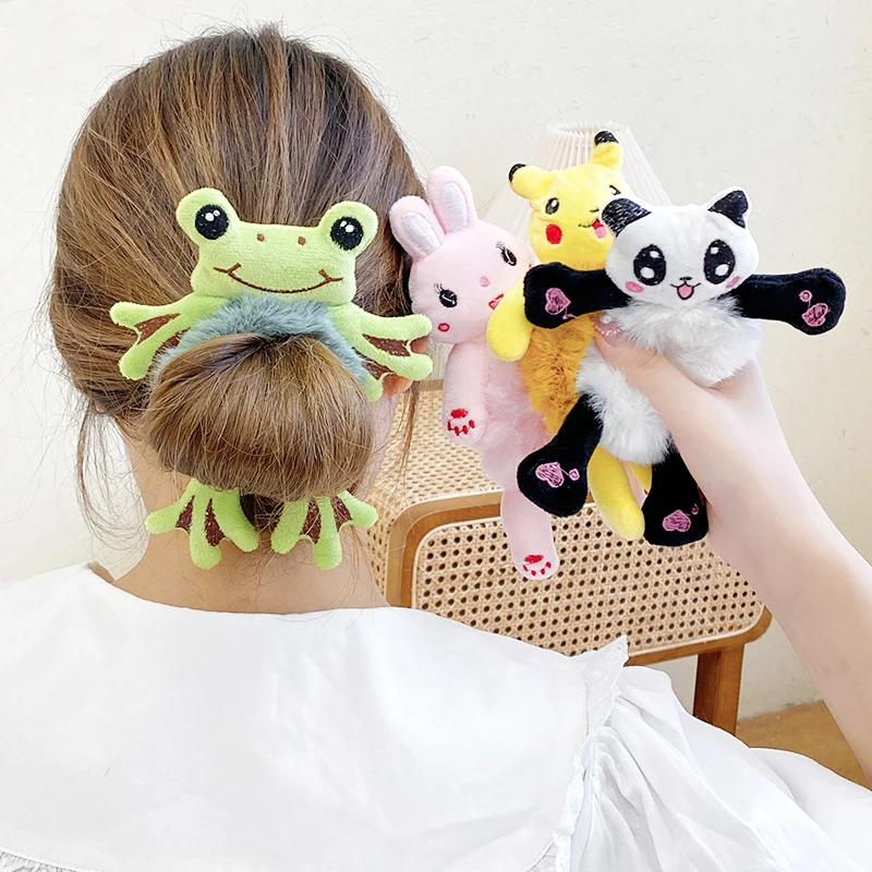 

2021 New Kawaii Women Elastic Hair Rubber Head Accessories Cartoon Plush Frog Rabbit Cat Stuffed Animal Scrunchie Girl Hair Band