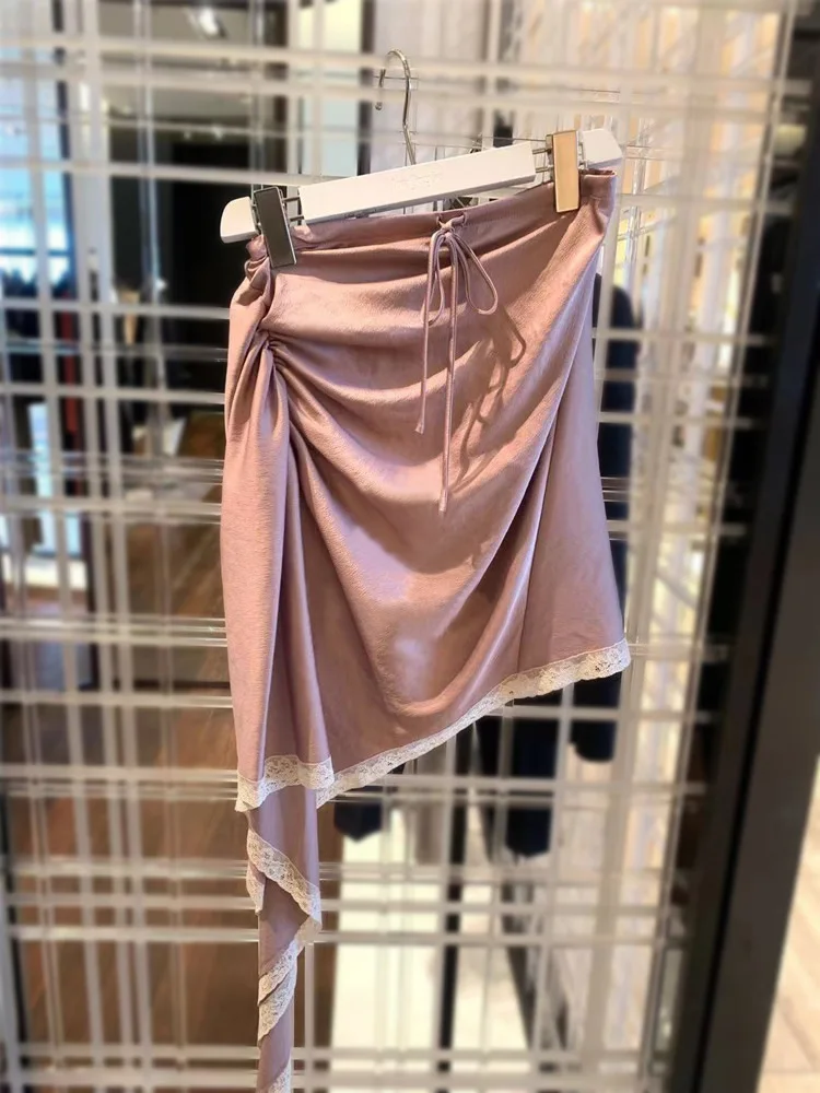 

2021 Early Spring New Women Skirt High Waist Drawstring Folded Irregular Lace Edge Stitching Hip Skirt Women