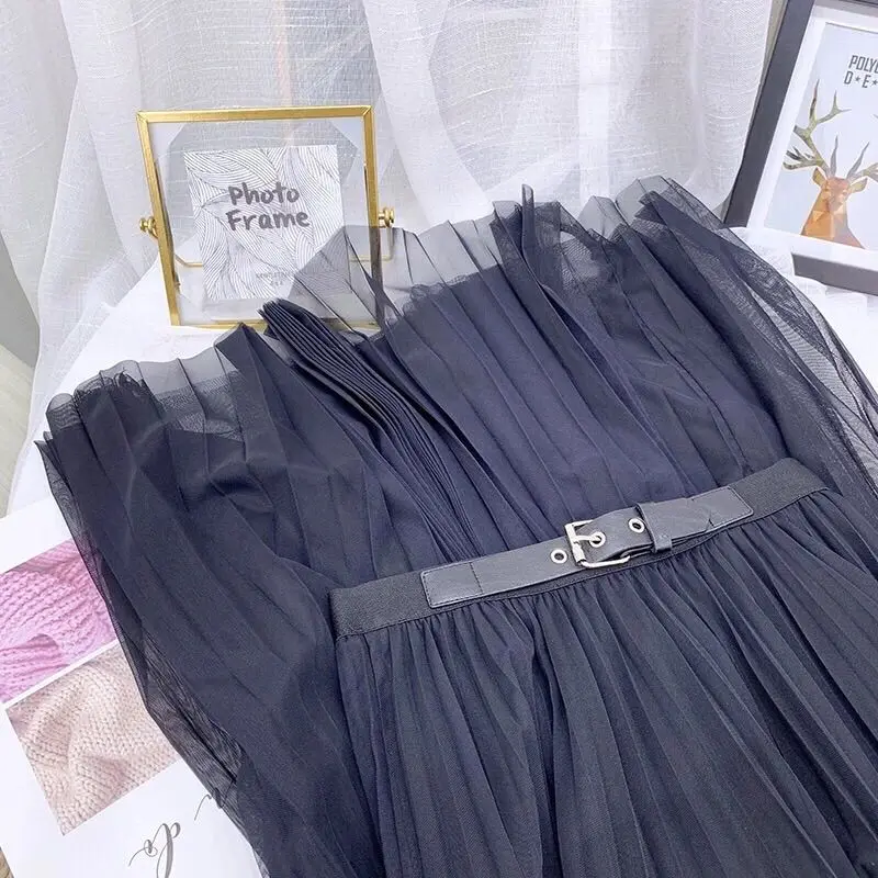 

2021 Spring Summer Vintage Tulle Skirt Women High Waist Mesh Skirts with Belt Long Pleated Tutu Skirts Female Solid Skirt L659