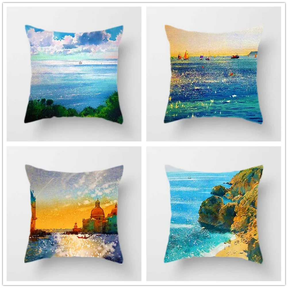 Offing Scenery Polyester Cushion Cover Sea Sailboat Pattern Decorative Pillow Case for Car Sofa Bed Home Living Room Decor 45x45 |