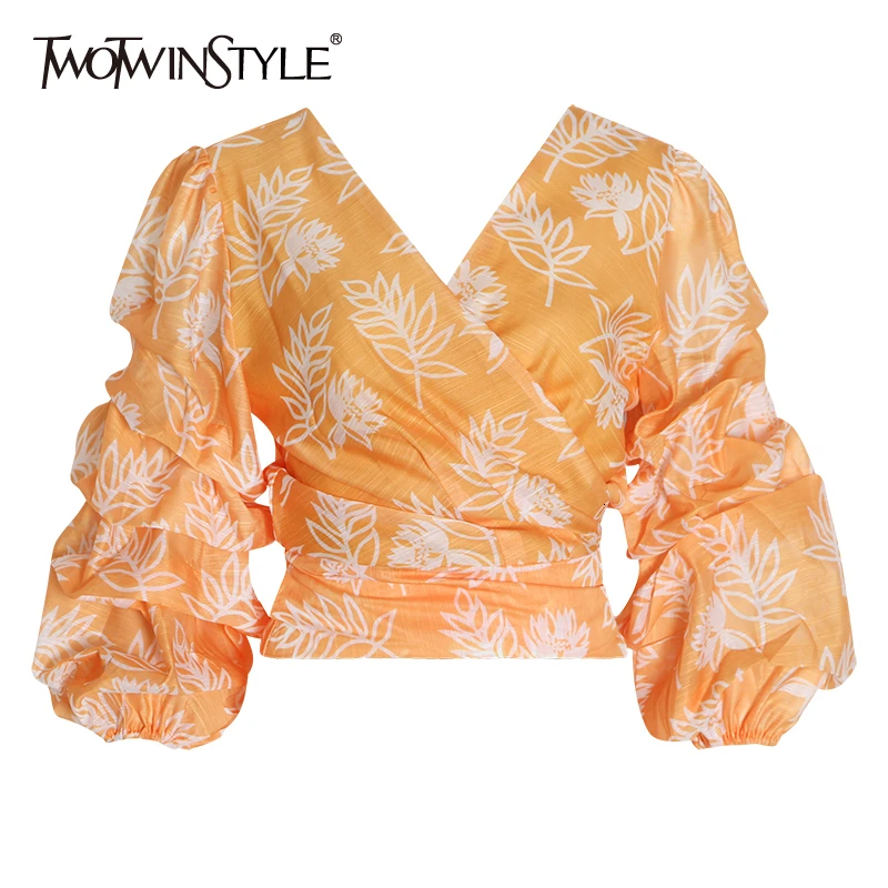 TWOTWINSTYLE белая рубашка с бантом для женщин v образный вырез пышные рукава рюшами на