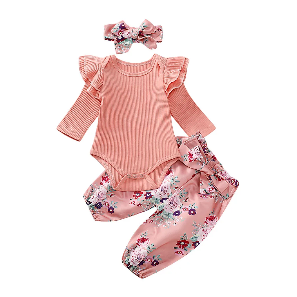 Одежда для маленьких девочек из 3 предметов однотонный комбинезон-ромпер с