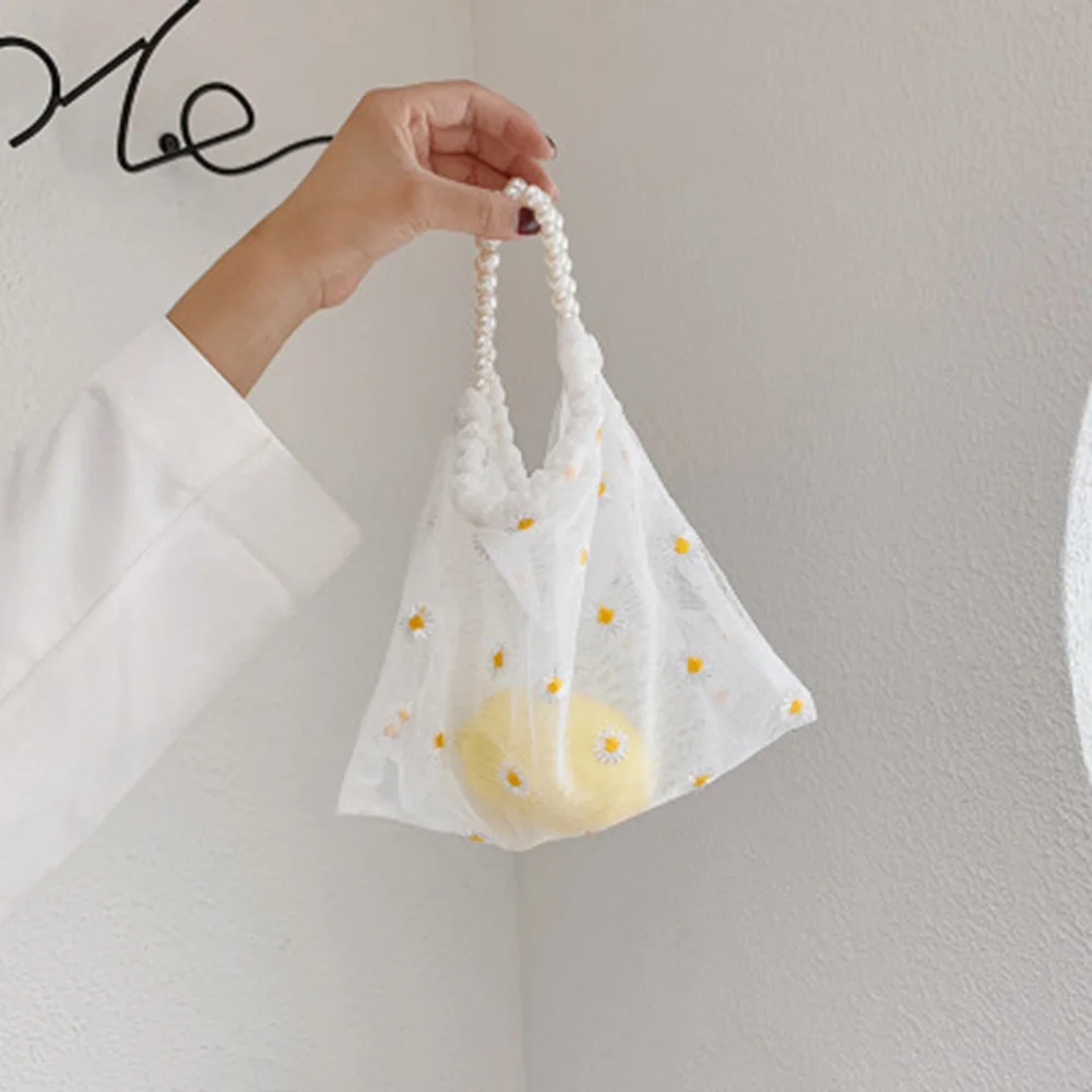 

Women Mesh Applique Little Daisy Bags Shopping Bag Transparent Yarn Cloth Bag Embroidery Handbag Eco Shopping Bag Purses Sacs