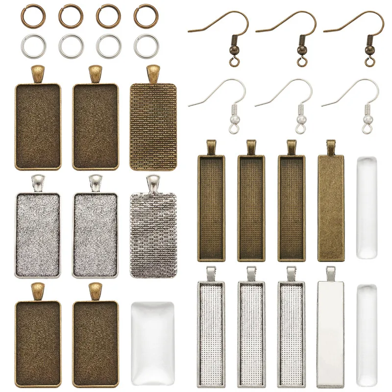

Pandahall 1 Set Rectangle Alloy Pendant Cabochon Settings and Glass Cabochons Brass Earring Hooks Jump Ring for Jewelry Making