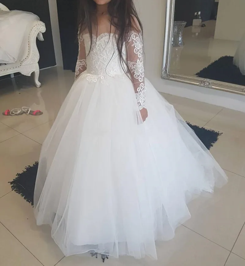 

Princess A-Line Long Sleeve Flower Girl Dress for Wedding Applique Lace Sheer Neck Kids Pageant Gown First Communion Dress