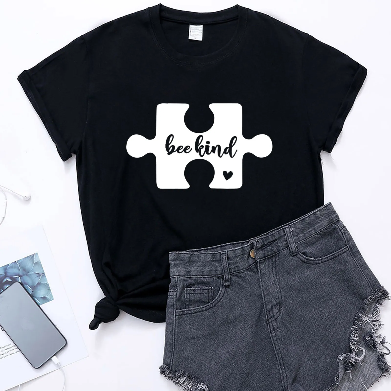 

Fashion Solid Color Puzzle Print Short Sleeve O-neck Top Casual Loose Tops Рубашка Chemise Femme Blusa Feminina Women's Clothing