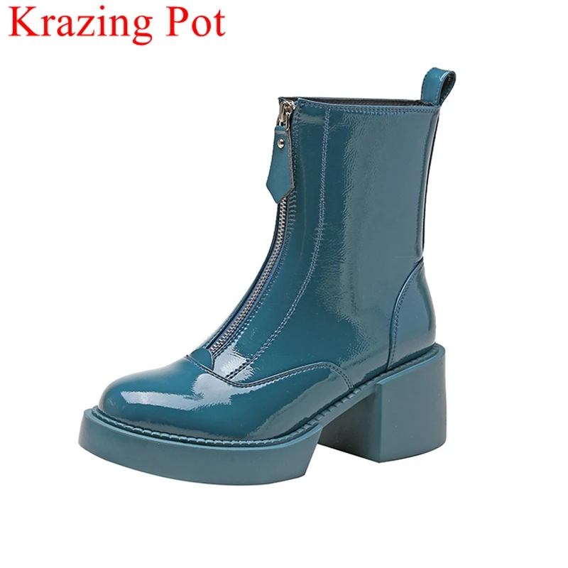 

Krazing Pot size 40 patent leather motorcycles boots zipper platform party winter shoes round toe brand office lady ankle boots