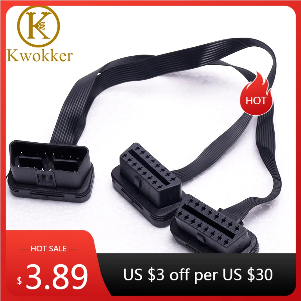 

KWOKKKER Flat+Thin As Noodle OBDII OBD 2 OBD2 16 Pin ELM327 Male To Dual Female Y Splitter Elbow Extension Connector Cable