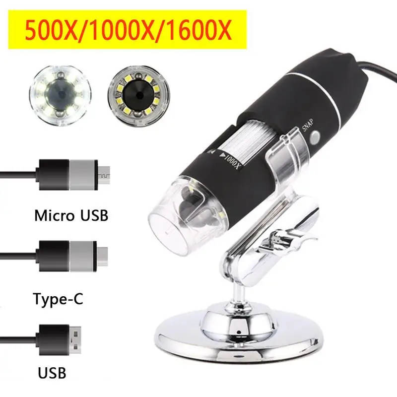 

1600X 3 in 1 USB Digital Microscope Adjustable Type-C Electronic Microscope Camera For Solding 8 LED Zoom Magnifier Endoscope