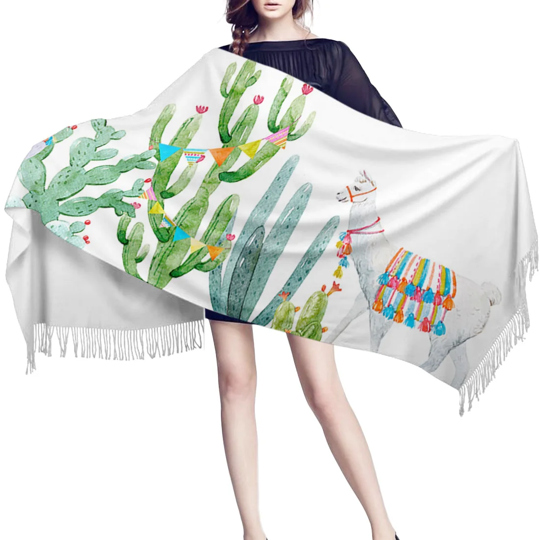 Зимний кашемировый шарф Женский мягкий теплый из пашмины С КАКТУСОМ