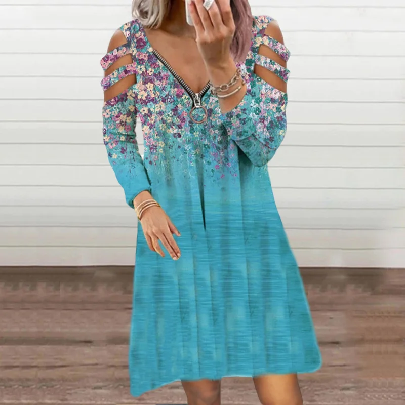 

Autumn Women V Neck Zipper Printed Mini Dress Long Sleeve Casual Dress Fashion Loose Hollow Out Bohemia Vintage Dress Vestidos