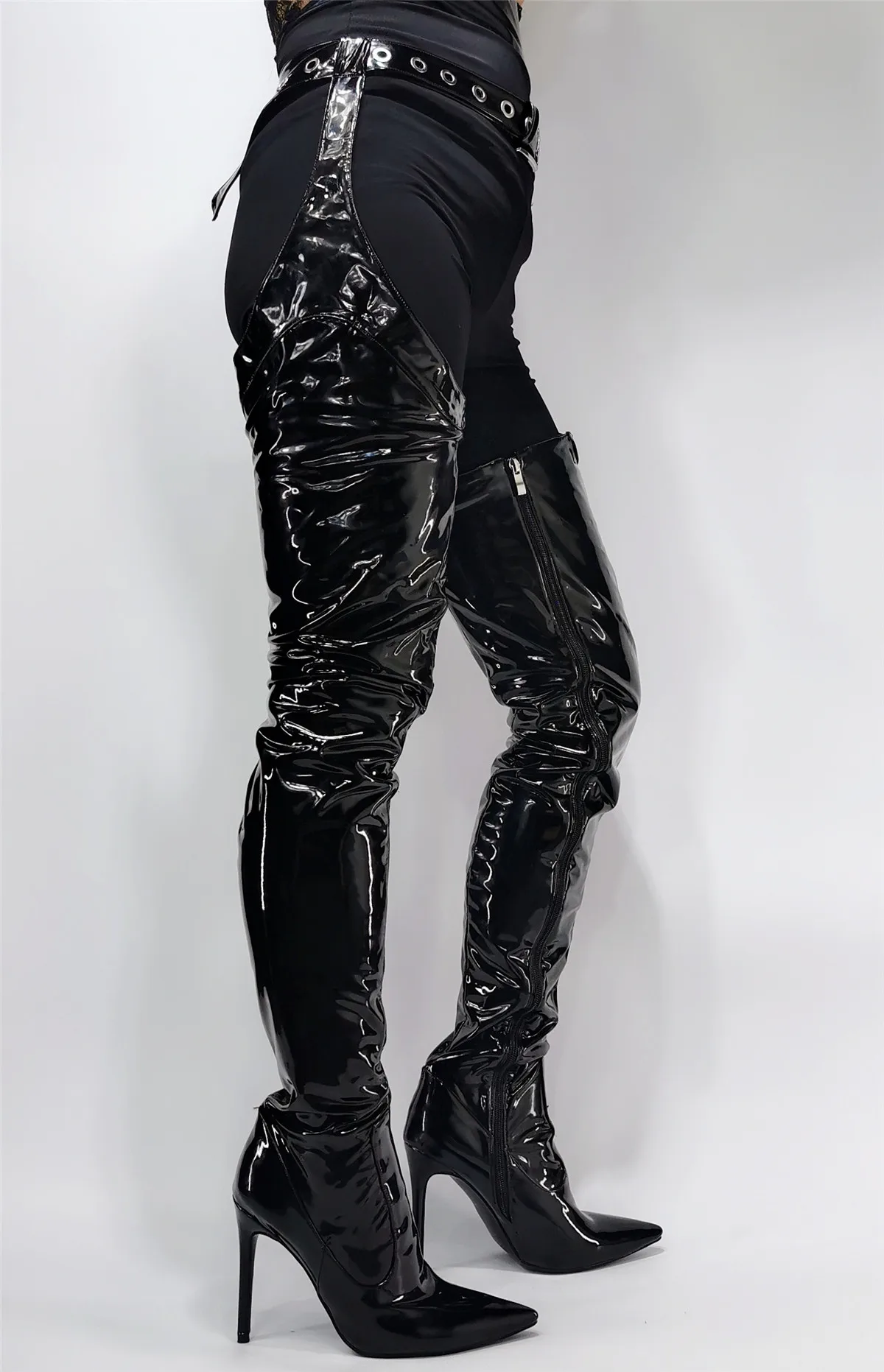

2021 New Leather Women Winter Boots T-Shaped Pointed-Toe Black Over The Knee Boots Rihanna's Belted Side Zipper High Heels Shoes