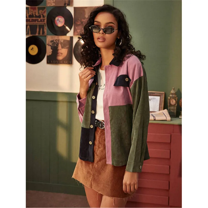 

hirigin Shirts Women Popular pctchwork Long Sleeve fashion Turn Down Collar Short Tops ladies Corduroy casual new blouses