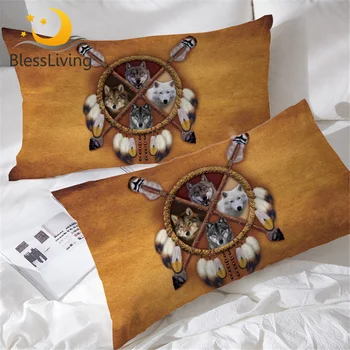 BlessLiving Wolves Dreamcatcher Pillow Case Wolf Sleeping Pillow Cover Wild Animal Tribal 3d Decorative Pillowcase 2pcs 1